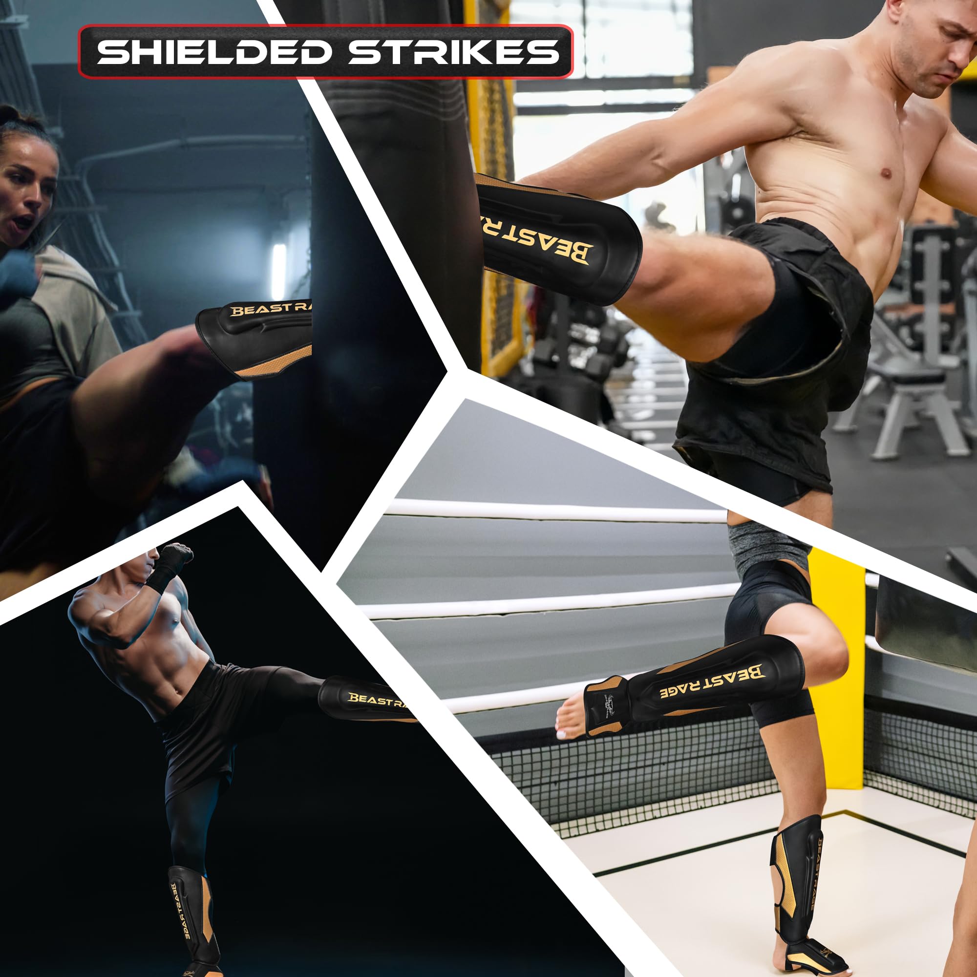 BEAST RAGE Parastinchi per Kickboxing Muay Thai,parastinchi per arti marziali MMA,paragambe con protezione del collo del piede,attrezzatura per allenamento sparring