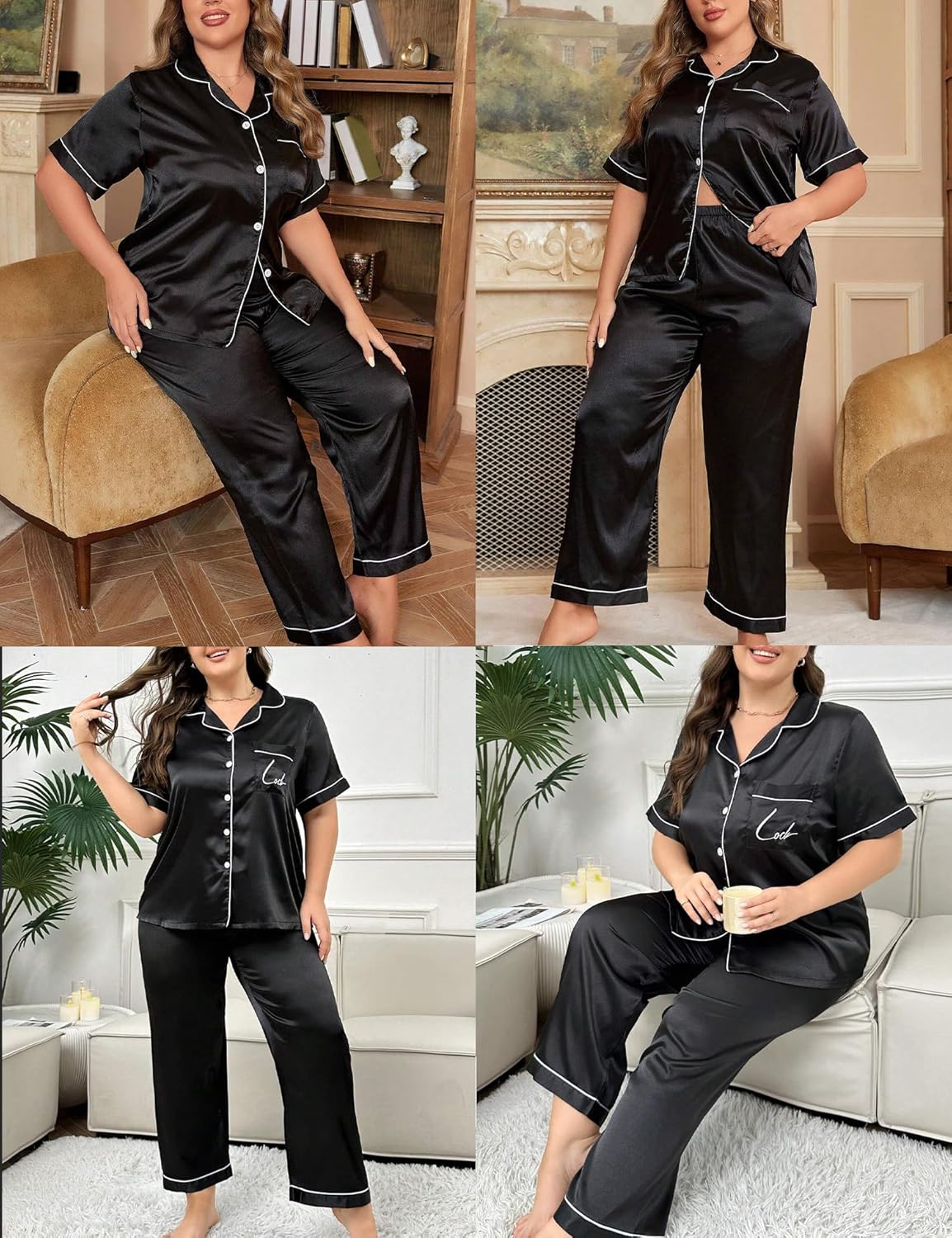 SWOMOG Women's Plus Size Pajamas Silk Satin Pajama Set Short Sleeve Shirt with Full-Length Pants Pjs Sleepwear Set 18W-26W - Image 4
