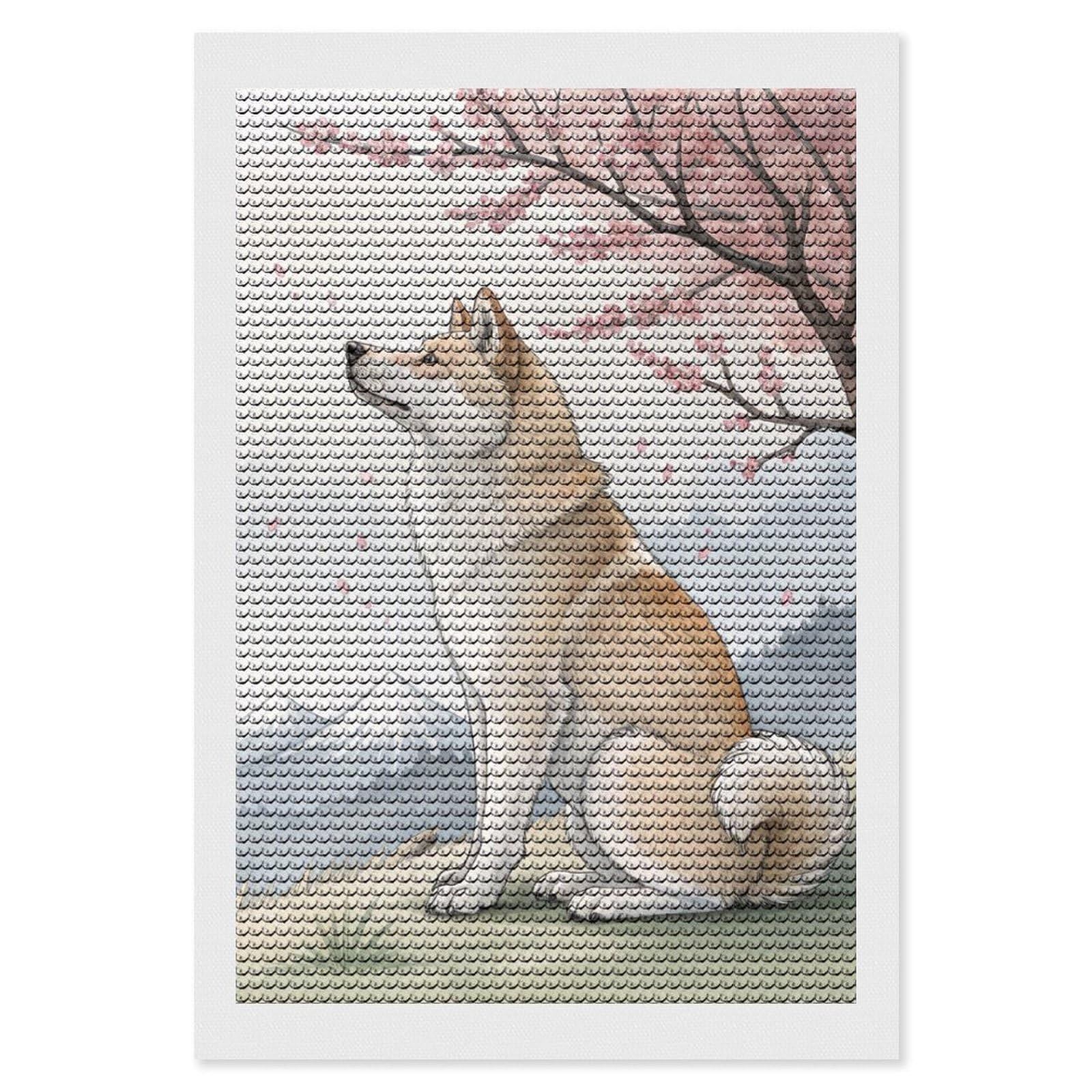Junmoney Akita Dog Under Cherry Blossoms Diamond Art Kit 8"x12", for Beginners, Vintage Style Decor, Good for Quiet Evenings, Festive Craft Gift