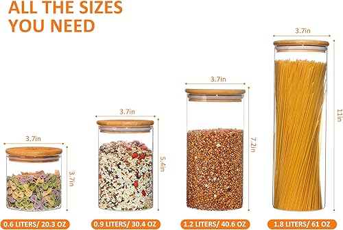 Miniatura 6 de M MCIRCO - Juego de recipientes de cocina 9 tarros herméticos de vidrio con tapas de bambú recipientes de almacenamiento de alimentos de vidrio para