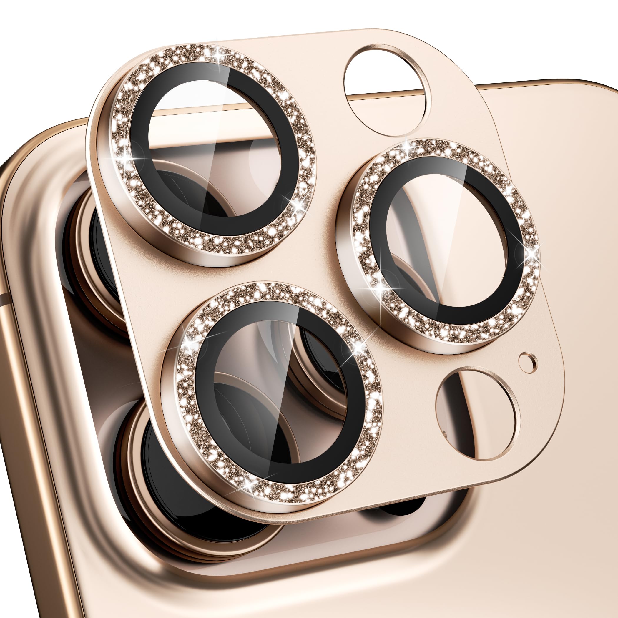 beuxece Compatible for iPhone 16 Pro/iPhone 16 Pro Max Camera Lens Protector, Bling Metal Tempered Glass Camera Screen Cover Accessories [Strong
