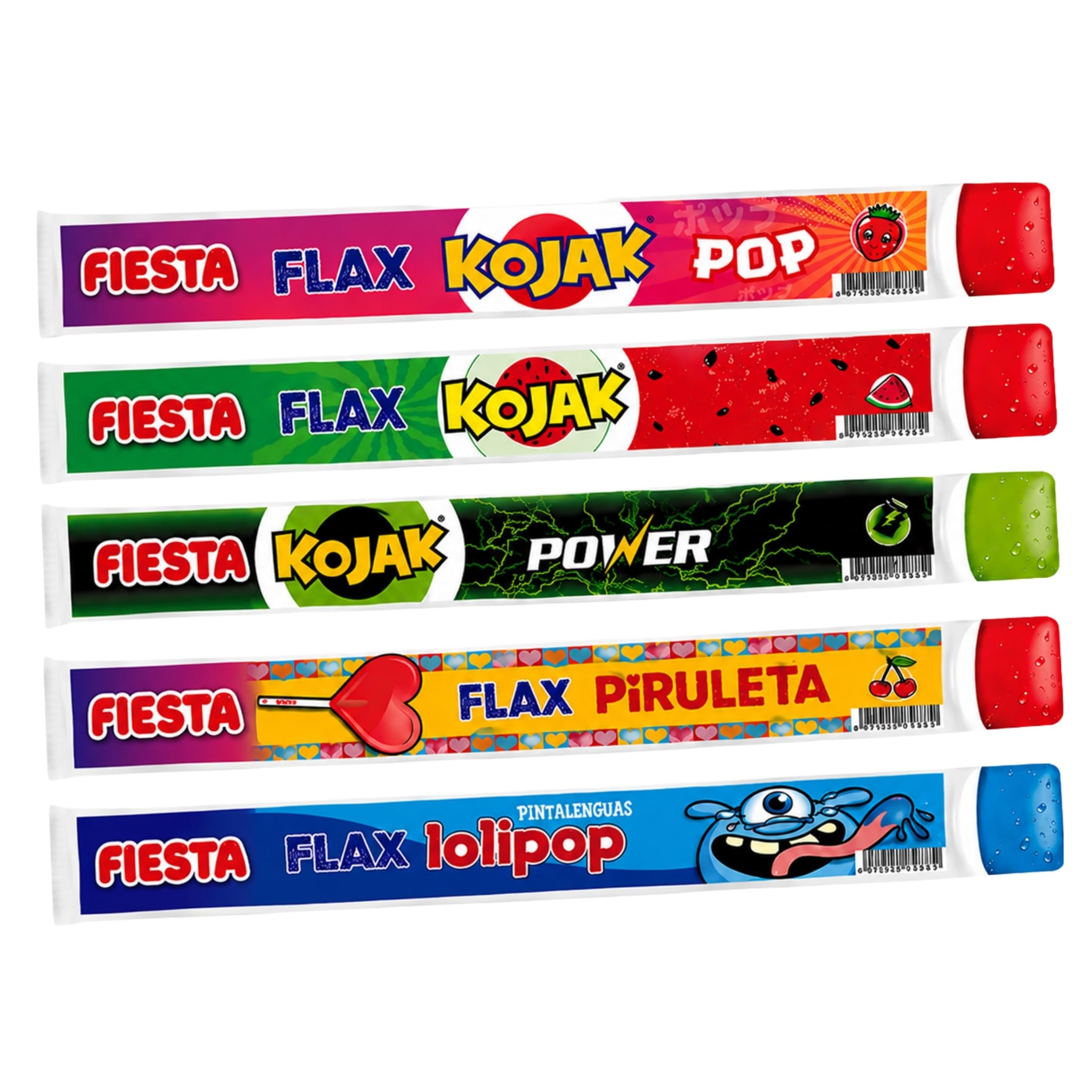 Fiesta Flax Granizado Surtido 96 Unidades x 65ml - Sabores Kojak, Power, Piruleta y Pintalenguas - 6240ml - Distribuido por Laborawi