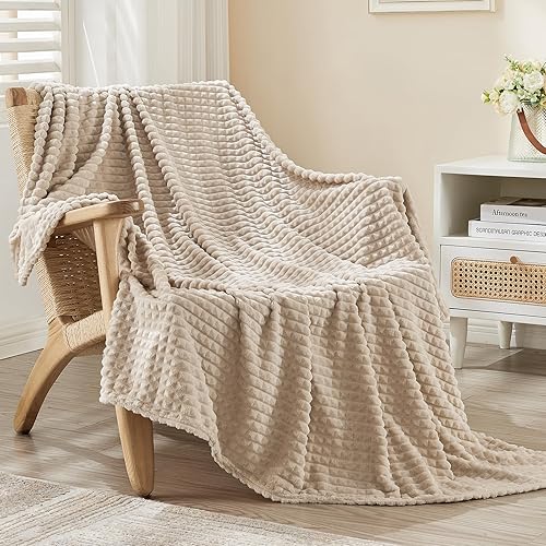EMME Manta de forro polar suave color beige, de franela de lujo para cama, sofá, silla, manta de felpa, cálida y acogedora con diseño de cuadrícula