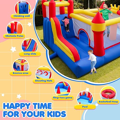 Miniatura 3 de Liaakrr Casa de rebote 8 en 1 para niños, casa inflable con tobogán, pared de escalada, hoyo de pelota, obstáculos, trampolín y aro de baloncesto,