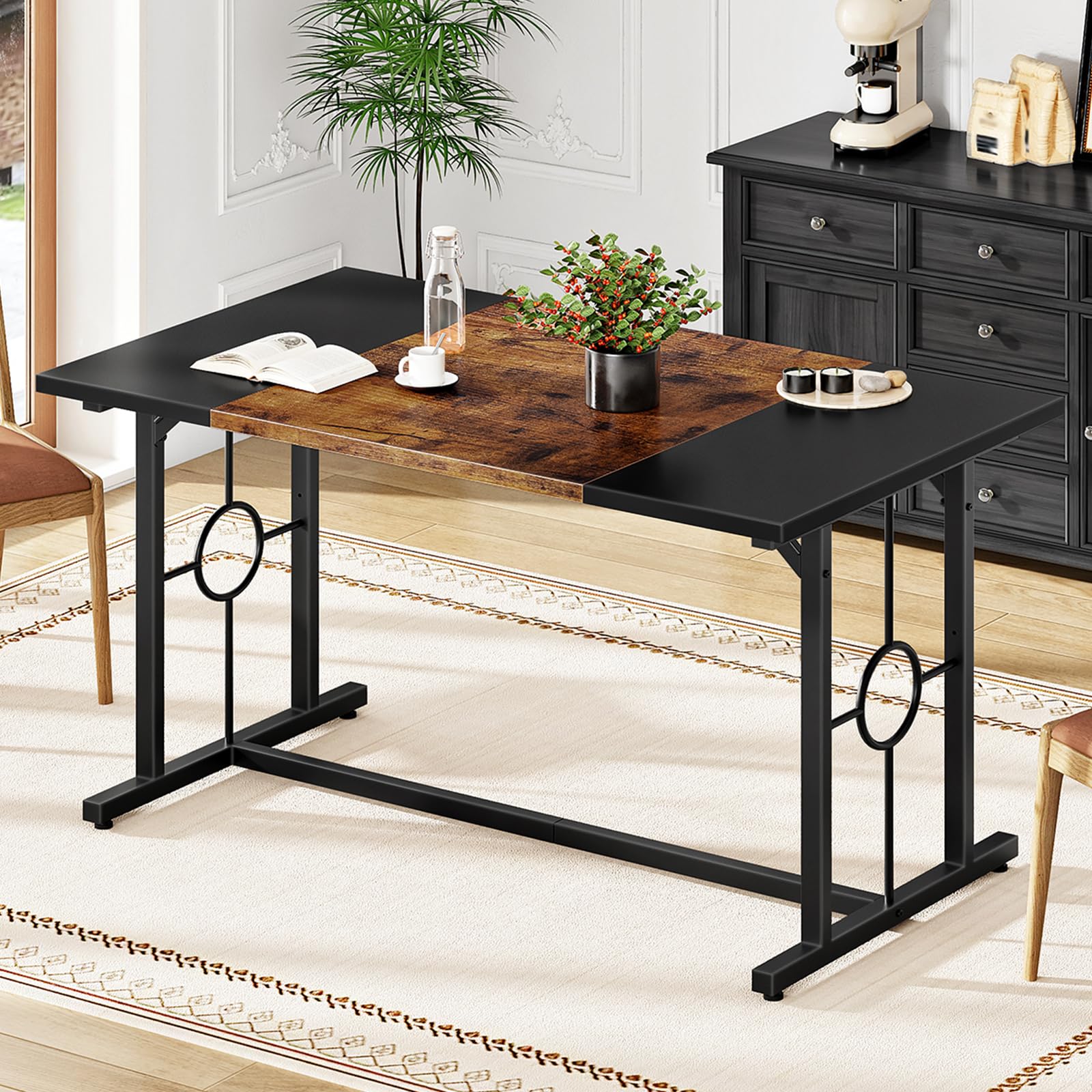 HOOBRO Esstisch, Küchentisch für 4-6 Personen, 140 x 70 cm, Esstisch mit zweifarbiger Tischplatte, Rechteckiger Küchentisch für Esszimmer, Metallbeine Vintagebraun und Schwarz EBF20CZ01