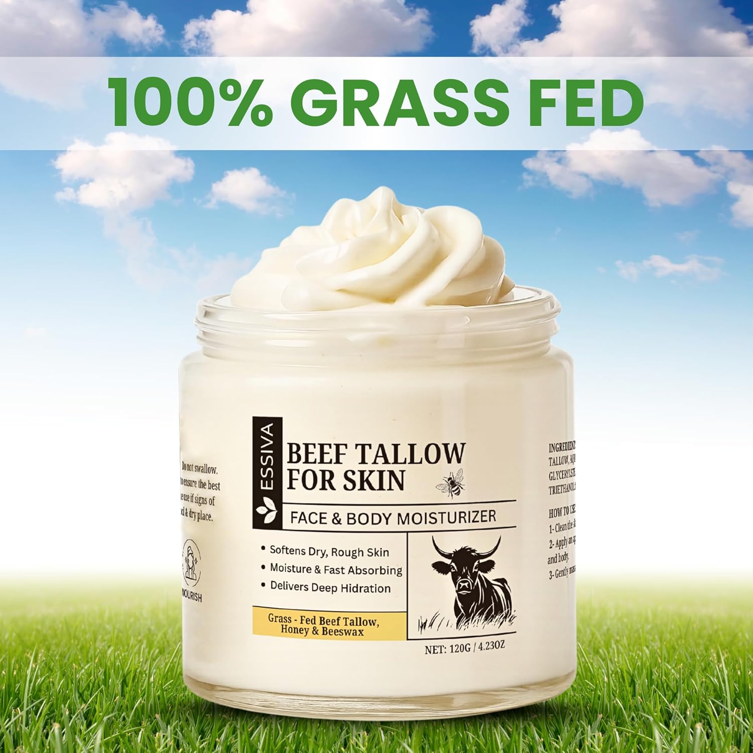 Beef Tallow for Skin – Organic Whipped Beef Tallow Honey Balm | Tallow & Honey Balm for Face | Softening Skin Moisturizer for Sensitive, and Dry Areas | Natural Beef Tallow Skincare - 4.2oz/120g Jar