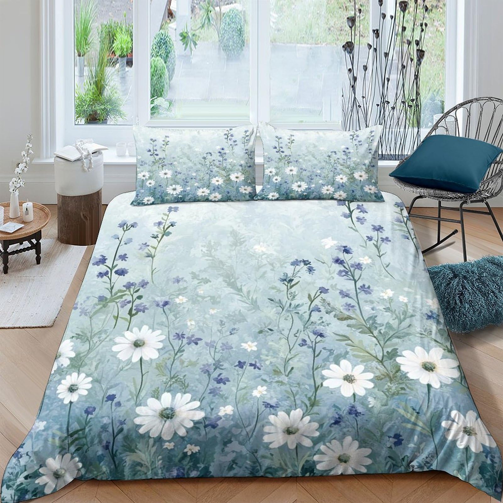 Ctjqhvkz Style-10 3D Printed Blue Wildflower Fitted Sheet Microfiber Soft Daisy Meadow Bed Cover For Bedroom Guest Room Mattress Protection Decor Single（135X200cm）