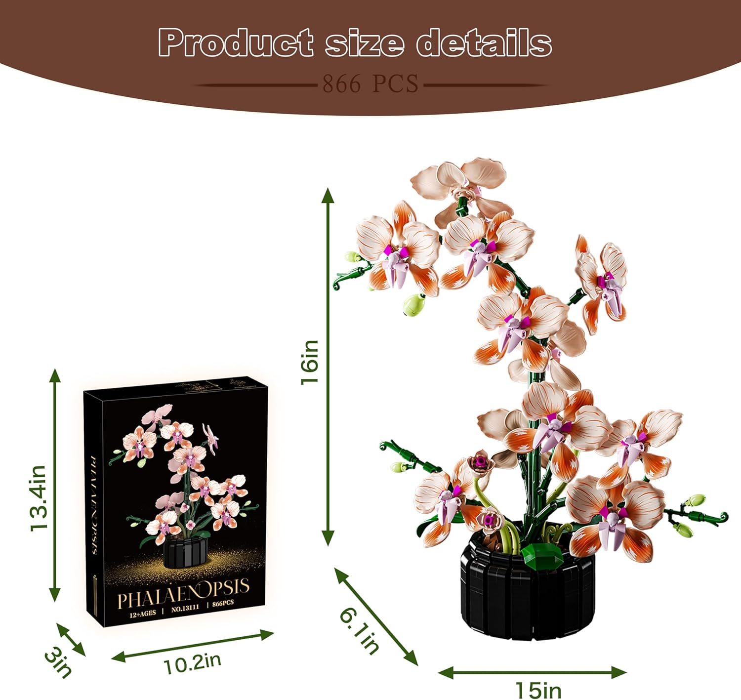 Orchid Building Block Set Botanical Series Artificial Champagne Flower Bouquet Bonsai - Home Decor, Unique Gift for Mother's Day, Anniversaries, or Birthdays for Adults 866pcs