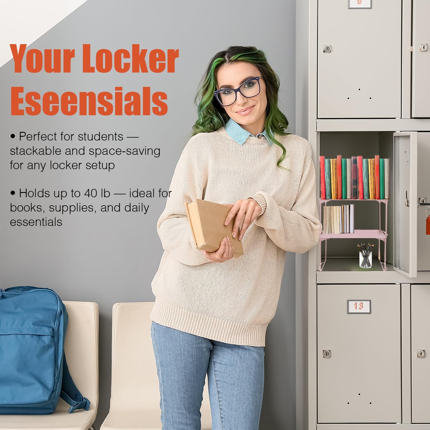 Locker Organizer Shelf, Stackable, Extra Tall, Fits Standard Size School Lockers (Pink 2 Pack)