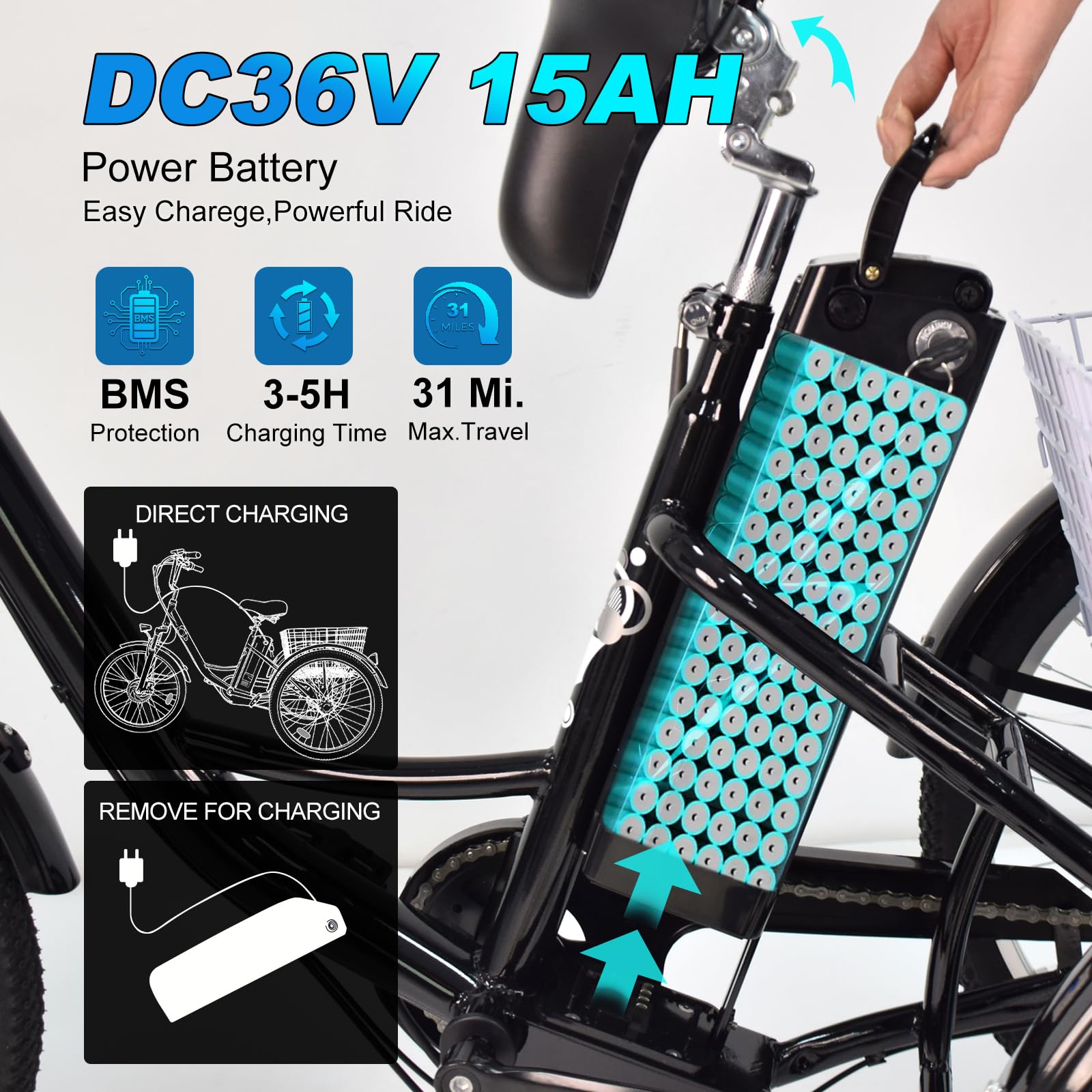 24 Zoll Elektrisches Dreirad für Erwachsene, 3-Rad-7-Gang-Seniorenfahrrad mit Einkaufskorb, mit G51 LCD-Display, 36V 15Ah Senioren-Transportdreirad, Outdoor Fahren Dreirad Freizeit Cityräder