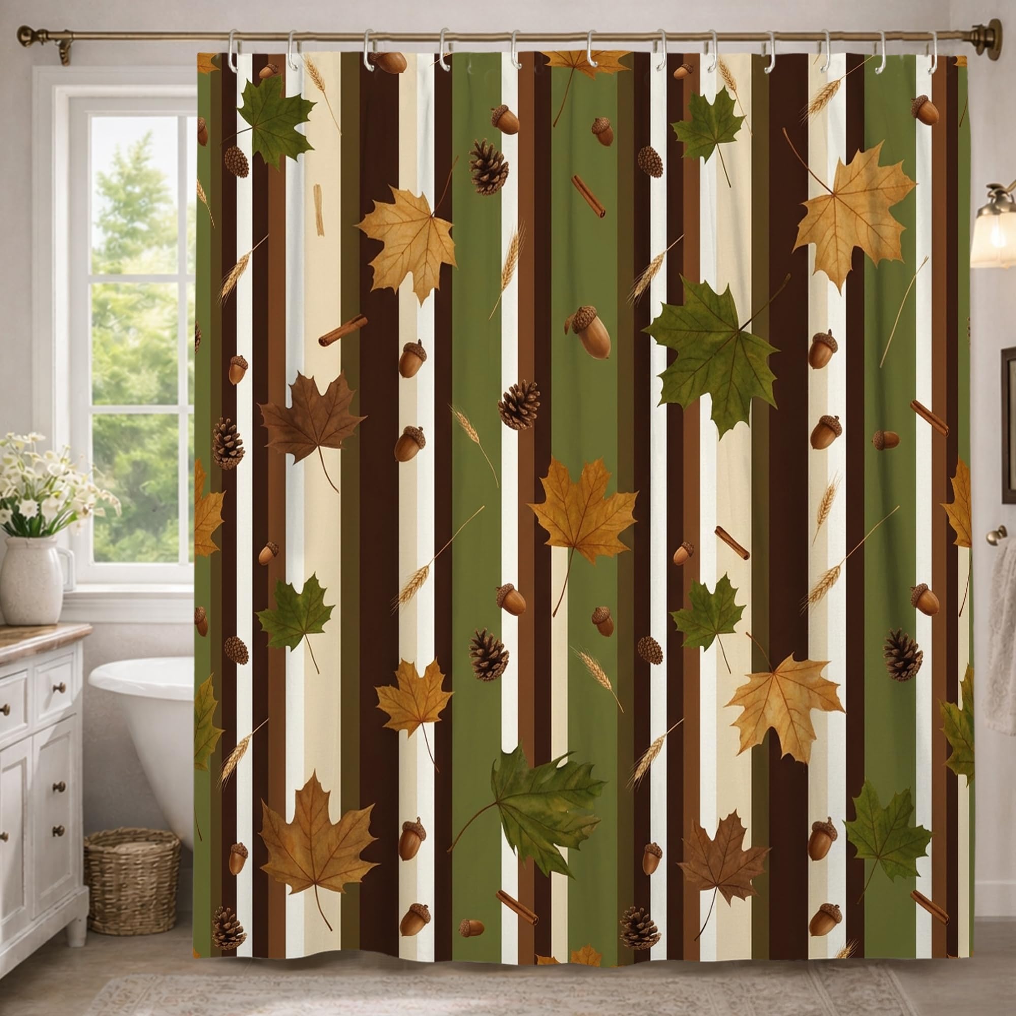 Rideau de douche extra long tissu imperméable vert automne 183x243 cm