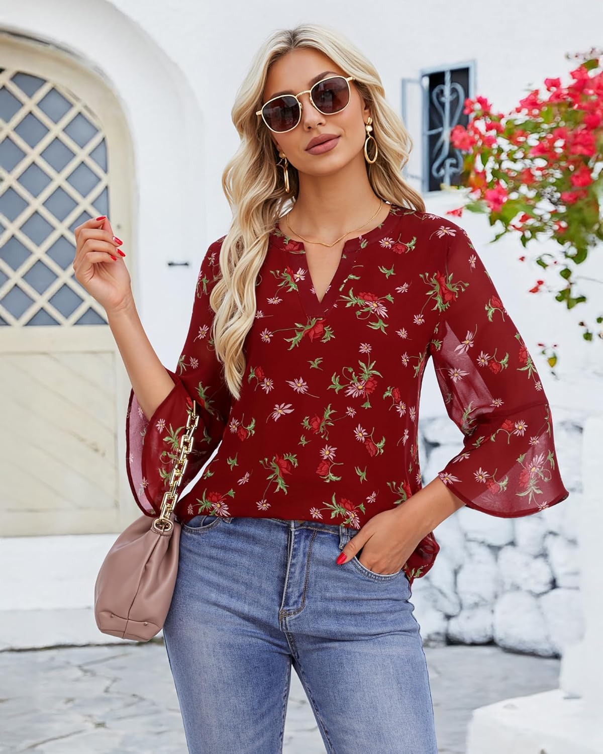 VALOLIA Womens 3/4 Sleeve Tops Dressy Casual Chiffon Blouses Floral Print V-Neck Work Office Shirts - Image 4