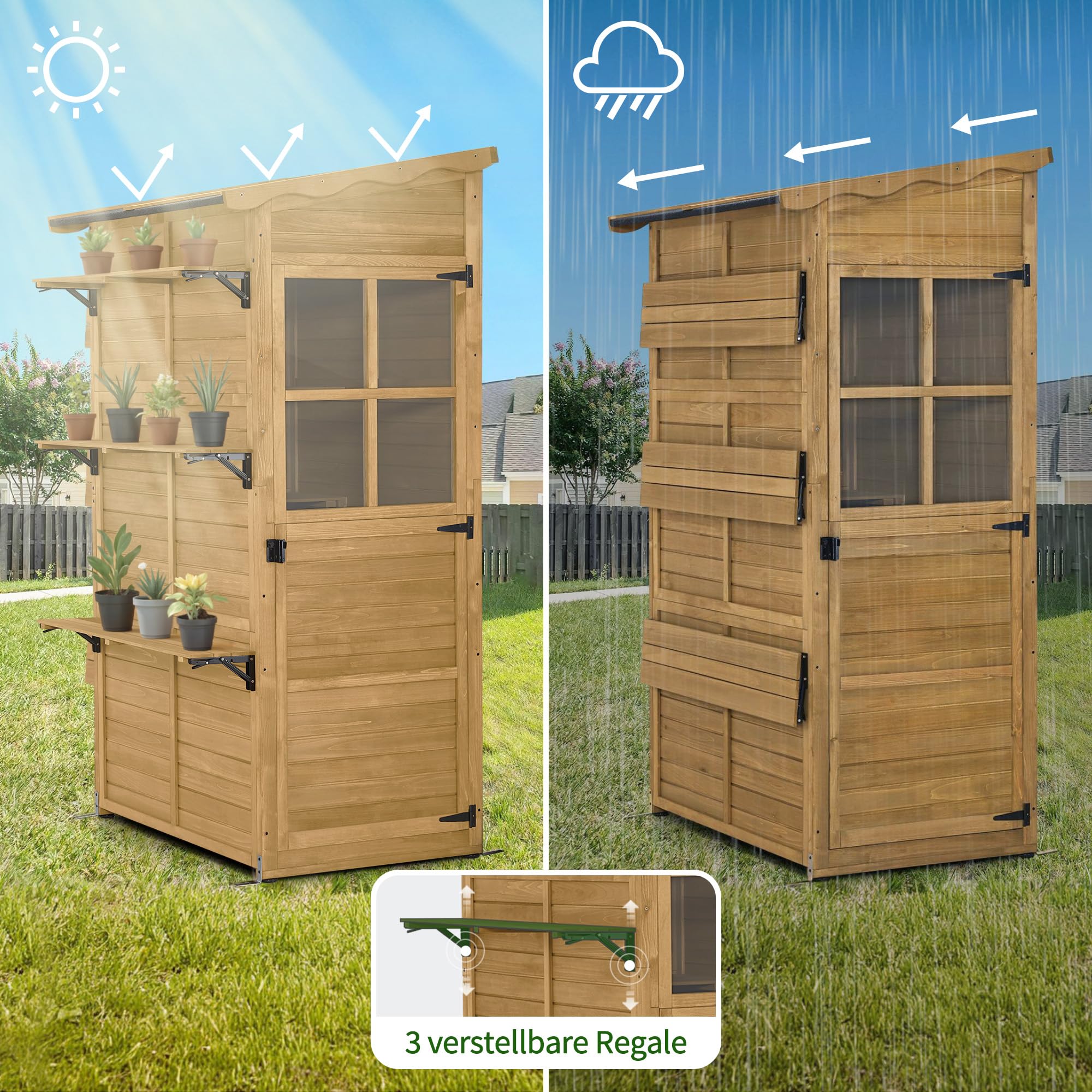 M MCombo Armadio da giardino in legno, casetta da giardino resistente alle intemperie, impermeabile, per balcone terrazzo esterno, mobile contenitore con ripiano regolabile 86×120×201 cm，1753 (Natura)