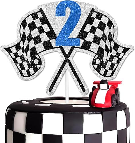 Decoración para pastel de carreras de 2º cumpleaños, bandera a cuadros, rápido, decoración de automóvil, fiesta de cumpleaños para niños y niñas,