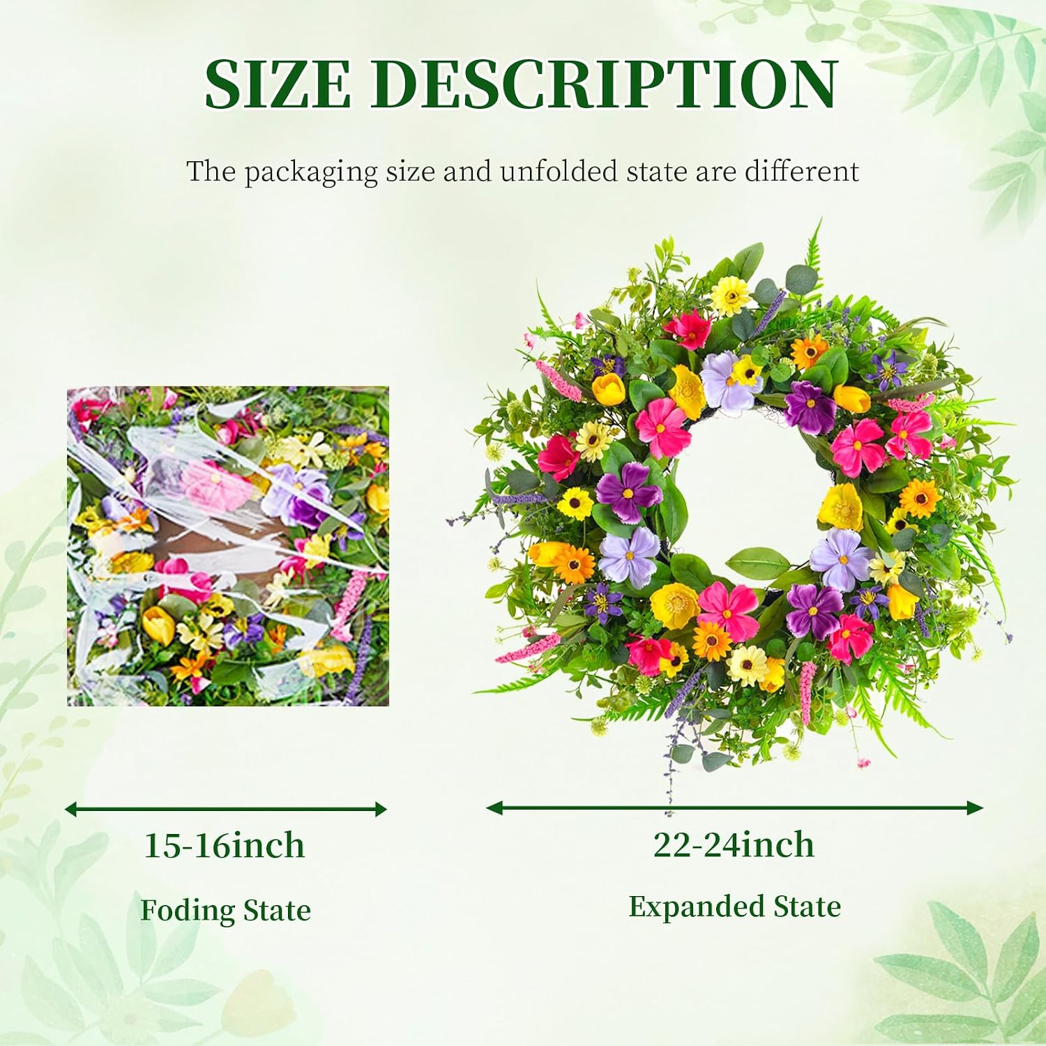 Spring Wreath for Front Door 24 Inch, Luxury Colorful Seasonal Wreath with Eucalyptus & Wild Blooms, Artificial Floral Wreath for Indoor Outdoor Home Wall Porch Mantel Spring Summer Decor