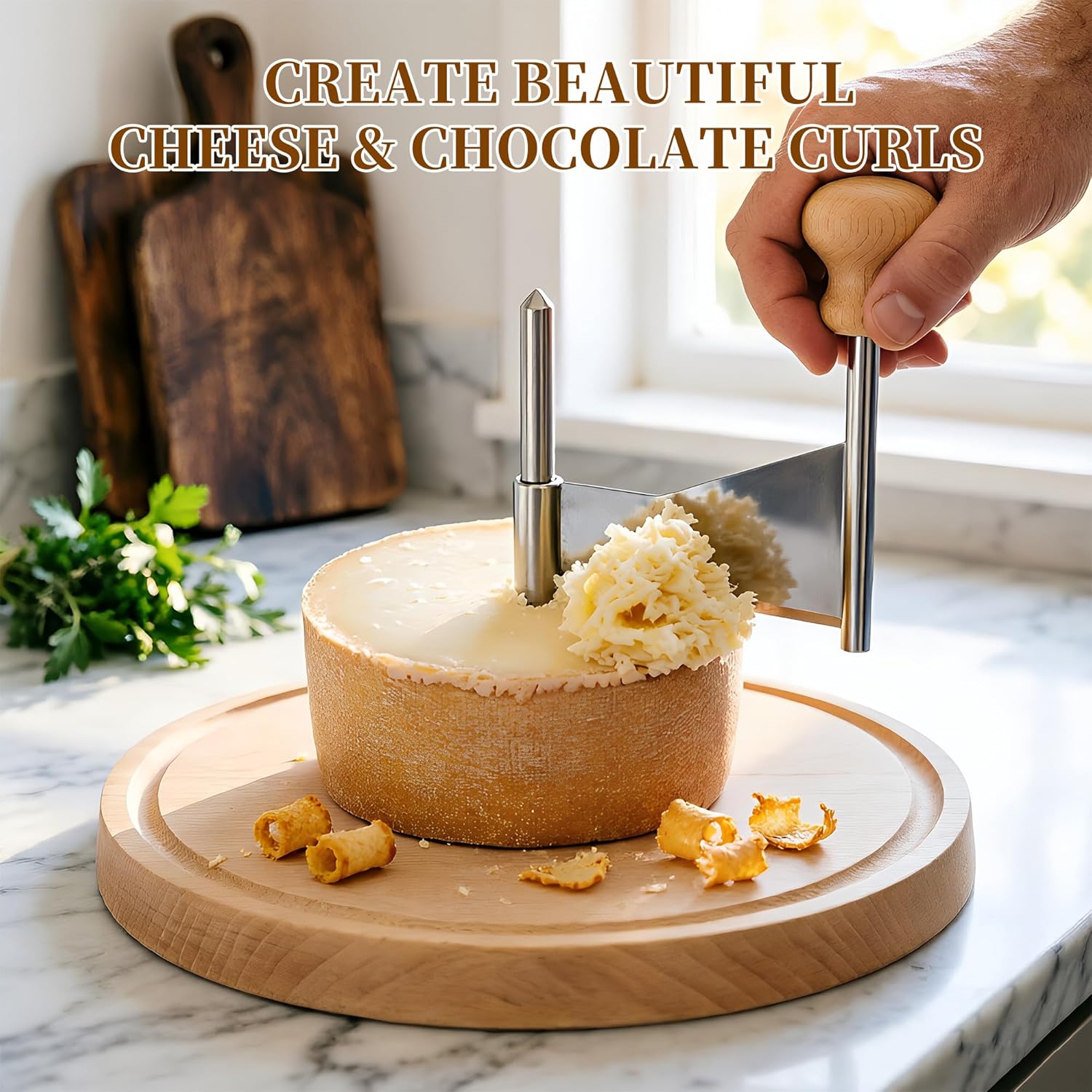 THOUSANDSUNNY Cheese Curler with Lid, Manual Cheese Curler Wheel Stainless Steel Slicer Chocolate Flower Shaver Tool Wooden Base for Kitchen