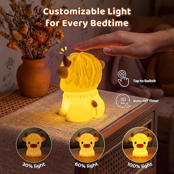 Mewaii Huggwaii Squishy Highland Cow Night Light for Kids, BPA-Free