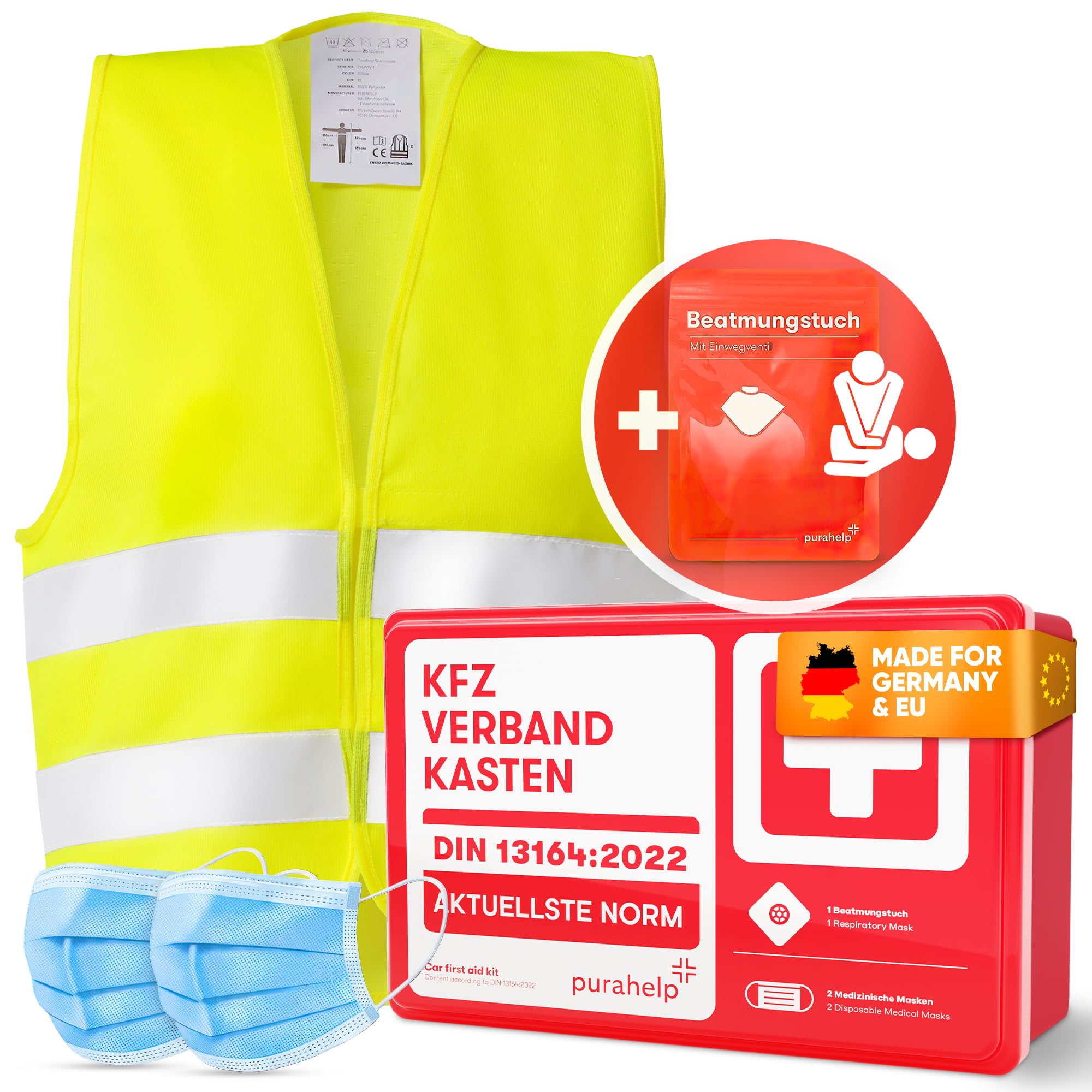 PURAHELP Warnweste Auto + KFZ Verbandskasten DIN 13164 - Europaweit gültig - Reflektierende Warnwesten - Sicherheitsweste Auto Warnweste Gelb - Warnschutzweste - Sicherheitswesten für Erwachsene