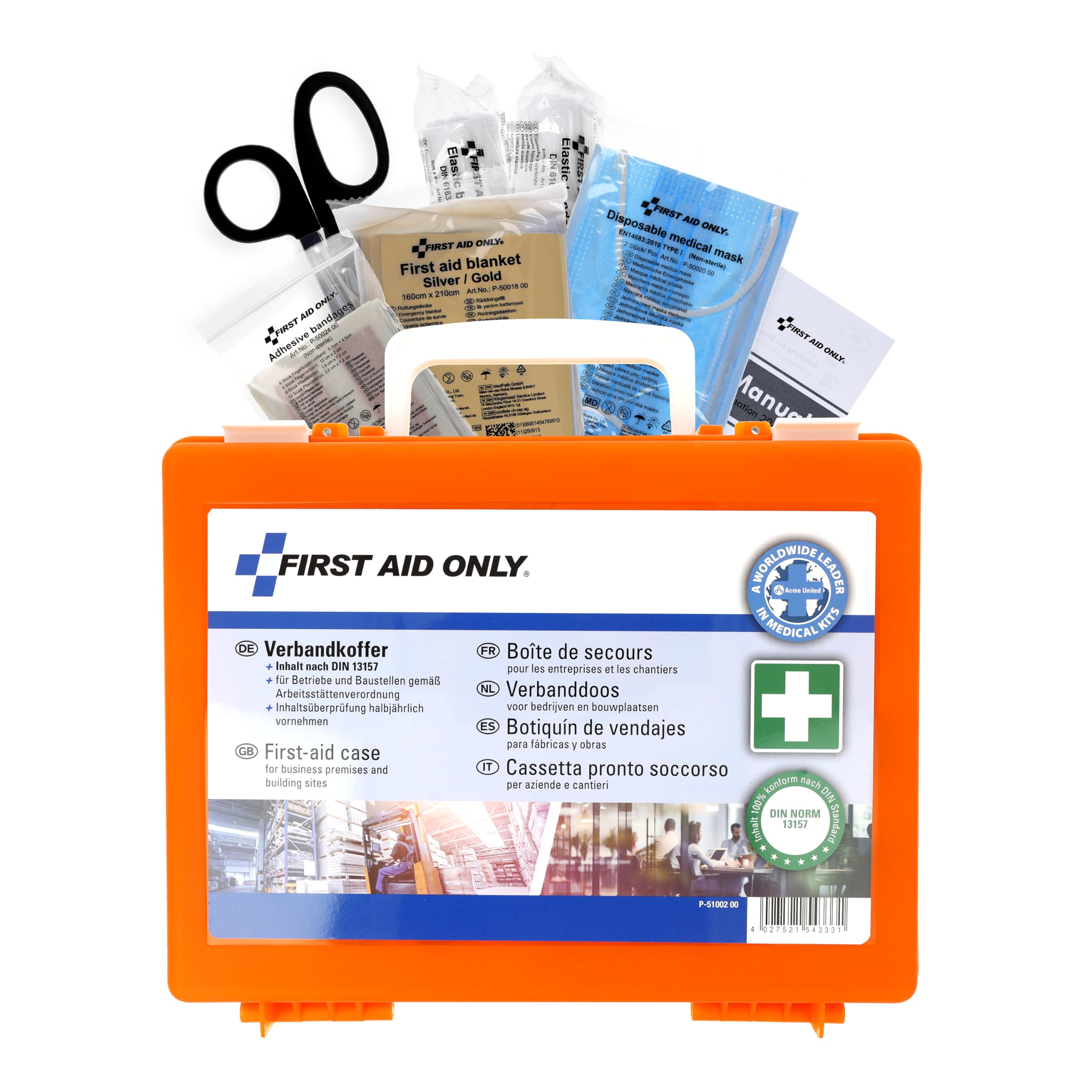 First Aid Only Erste Hilfe Koffer DIN 13157 mit Wandhalterung | Kompakter Verbandskasten für Betriebe und Haushalte gefüllt nach DIN 13157:2021 | Inkl. Tragegriff & Montagematerial | P-51002 00