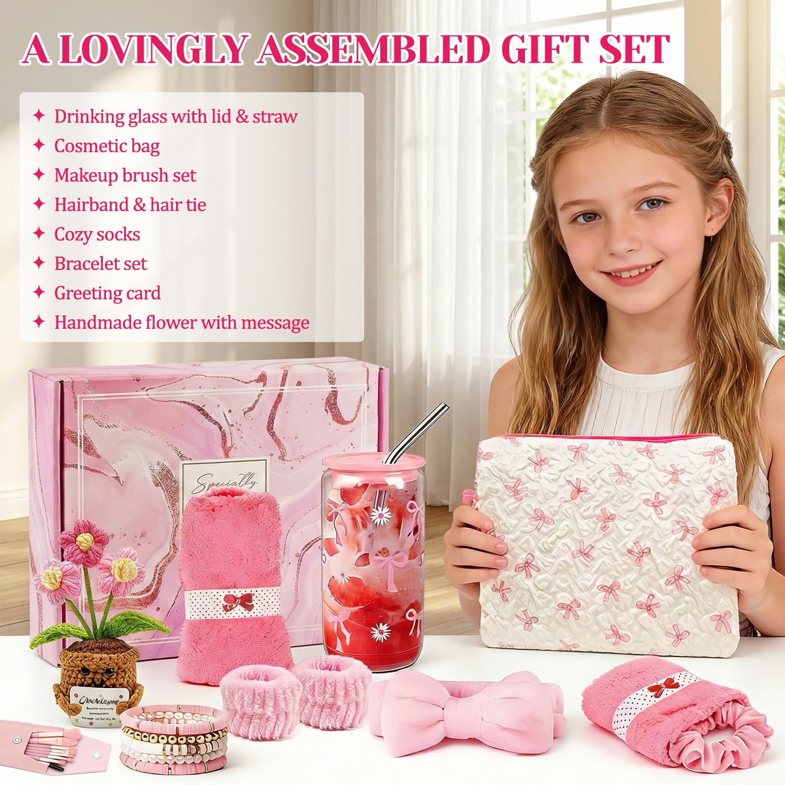 Regali per ragazze adolescenti 9 10 11 12 13 14 15 anni, regali di compleanno e Natale per ragazze e donne, bicchiere con cannuccia, pennello per trucco, borsa per cosmetici, bracciale, calze e fascia