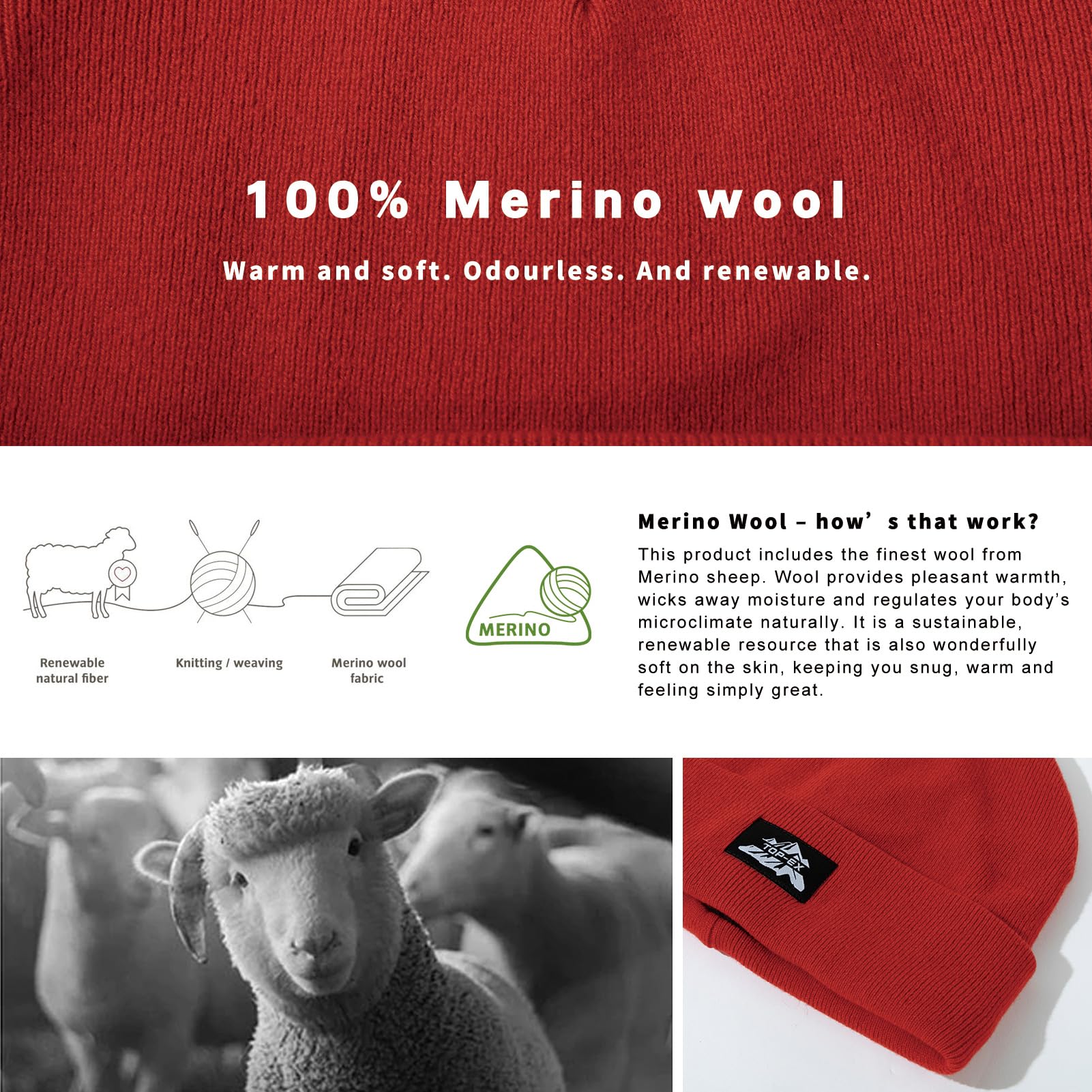 TOP-EX PolarWool™ 100% Merino Wool Beanie Hats for Men Women Warm Winter Hat for Cold Weather Double Layer or Fleece Lined M-XXL