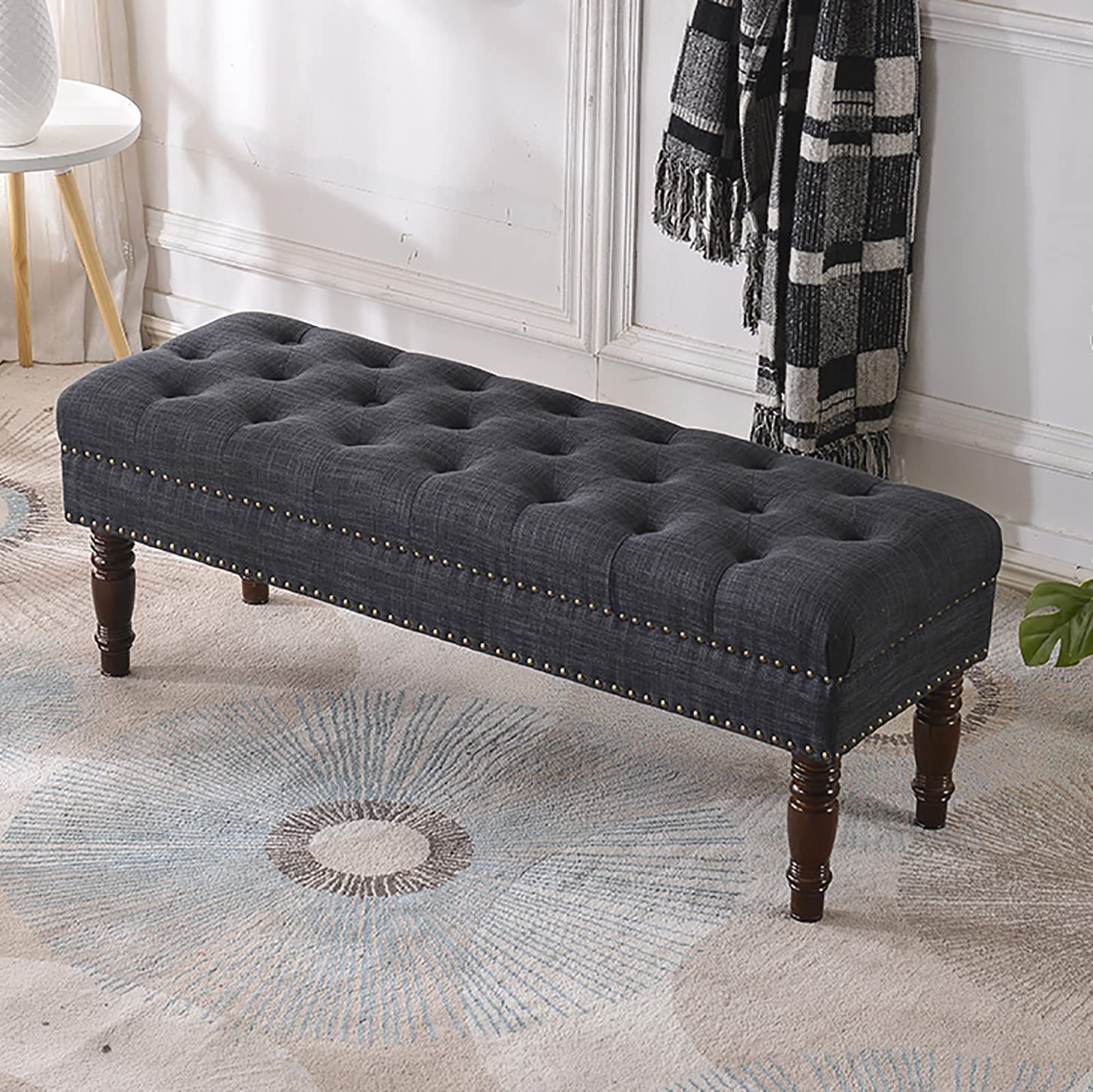Banco tapizado para el extremo de la cama para el dormitorio, reposapiés del banco de zapatos de madera maciza vintage para el pasillo de la sala de estar, banco de entrada de tela con asiento