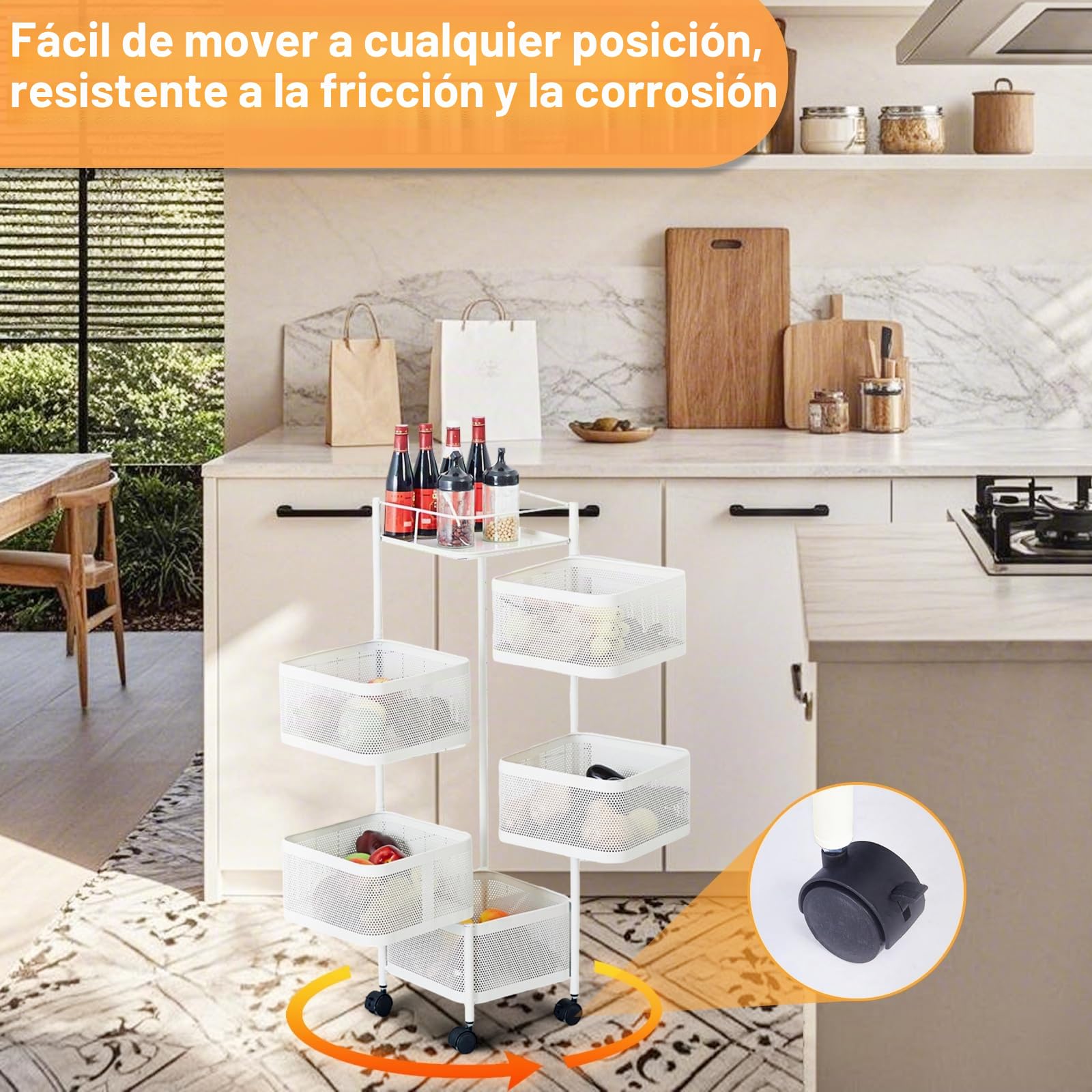 Carrito de Almacenamiento de 5 Niveles para Cocina, Estante de Verduras Giratorio de 360°, Carrito de Cocina con Ruedas, Estante de Almacenamiento de Acero al Carbono, Cesta de Frutas