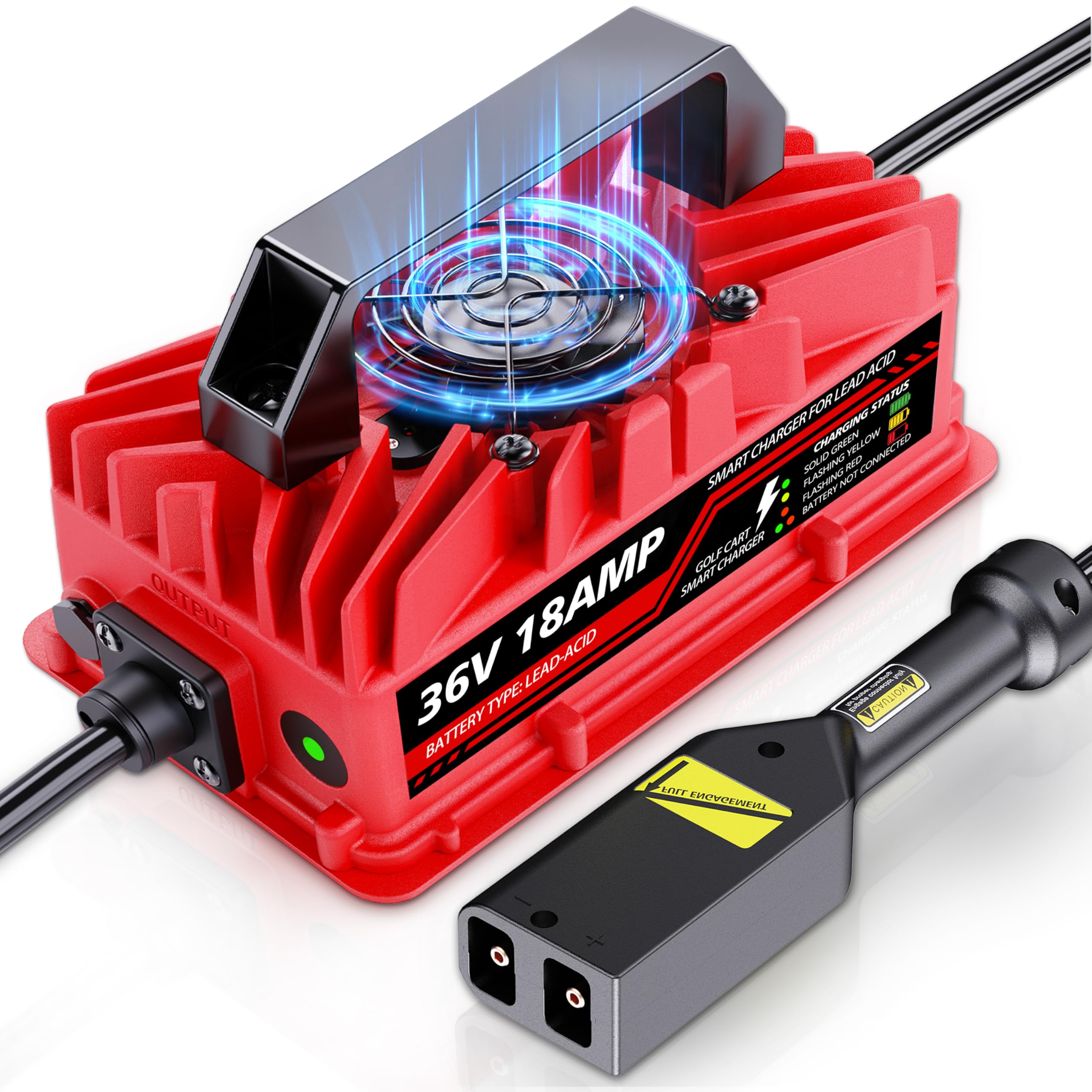 View 1 of 18 Amp 36 Volt Golf Cart Battery Charger for EZGO TXT - D-Style Plug, Smart Charger for Lead-Acid Batteries, IP67 Waterproof, Multi-Protection, Unique Design (Red)