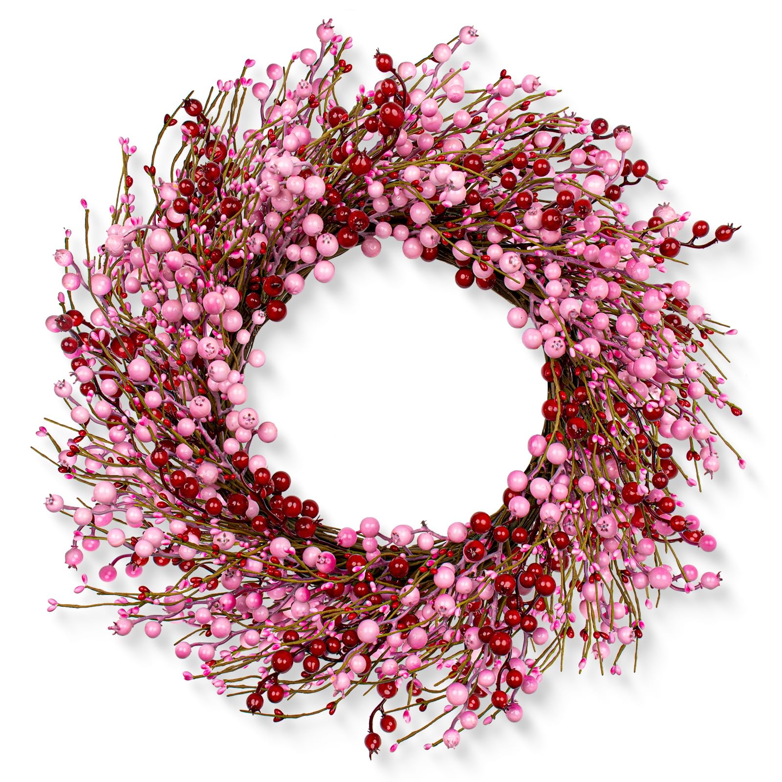 LLZLL Valentine's Day Wreath - 22 Inch Artificial Door Wreath with Pink and Red Berries for Anniversary and Wedding Decor
