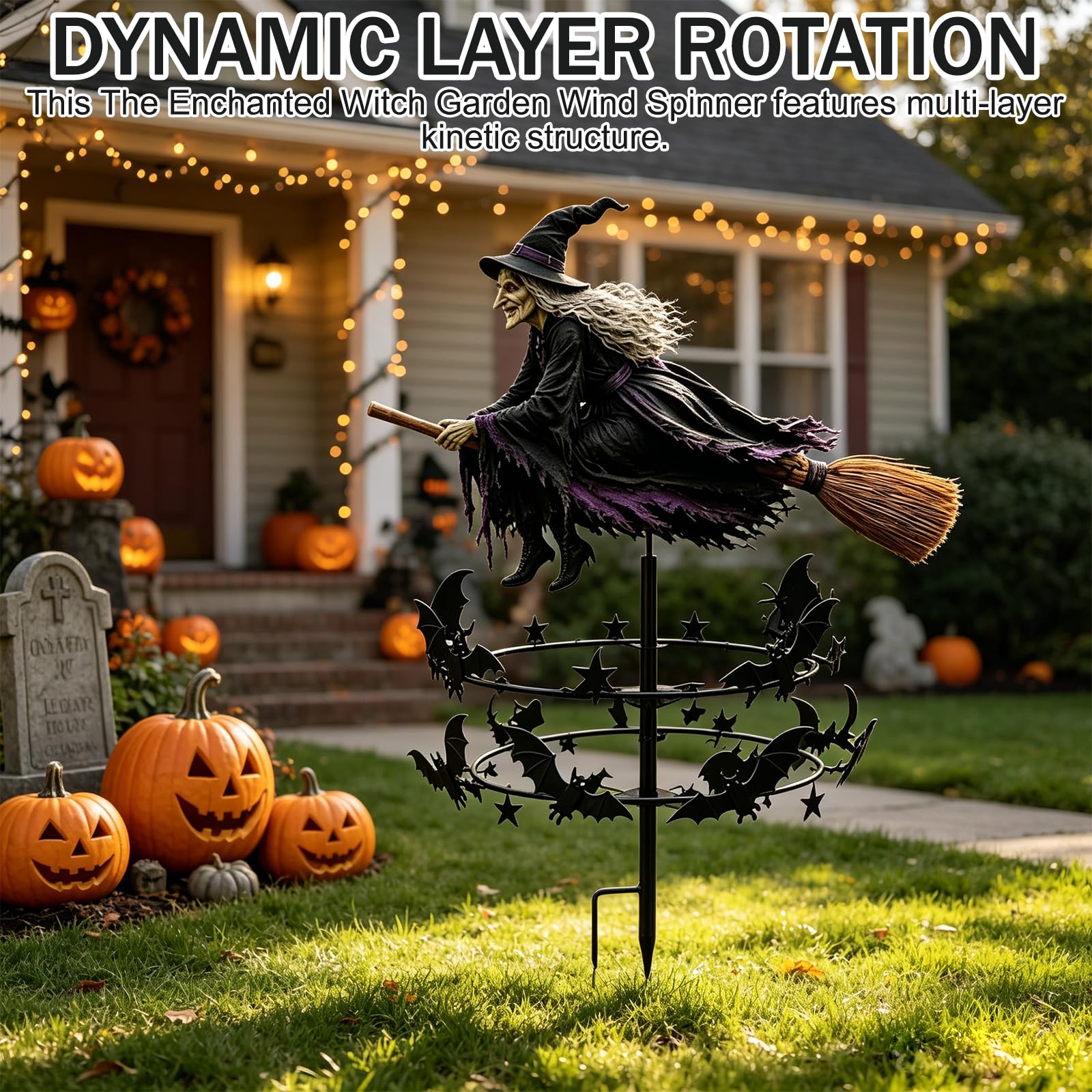 Halloween Gartenstecker Metall Hexe, Windspinner Garten Deko mit Dreh Effekt, Outdoor Gartendekoration für Rasen Terrasse Balkon, Herbst Dekoration und Halloween Party Zubehör，3