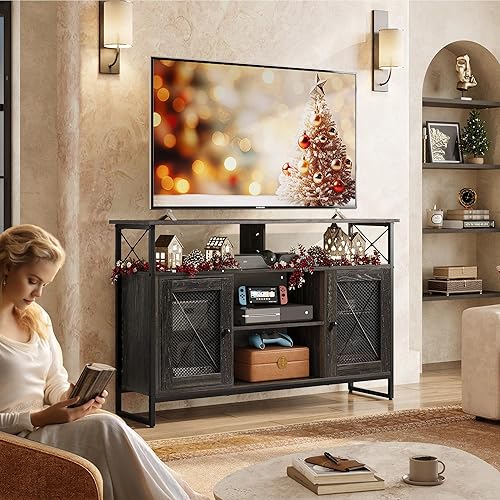 Miniatura 2 de WLIVE TV Stand 55 inch TV,Tall Entertainment Center with Storage, Farmhouse Industrial TV Console for Bedroom Living Room, Charcoal Black Negro
