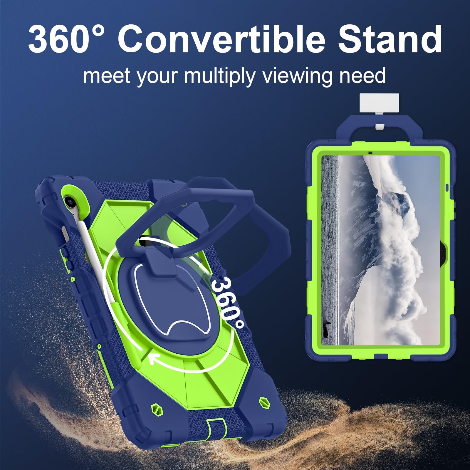 Etui do tabletu Samsung Galaxy Tab S10 FE 10,9" X520/X526B/X528U (2025) Wytrzymała, odporna na wstrząsy obudowa, etui ochronne z obrotową podstawką 360° + pasek rękę + ramię(Yellow Green 1)