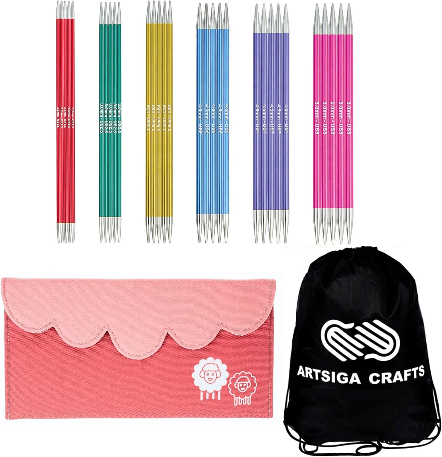 KnitPro Zing Starter Set 8 inch DPN Double Pointed Knitting Needles Size 1.5, 2.5, 4, 6, 7, 8 with Fabric Case with Project Bag