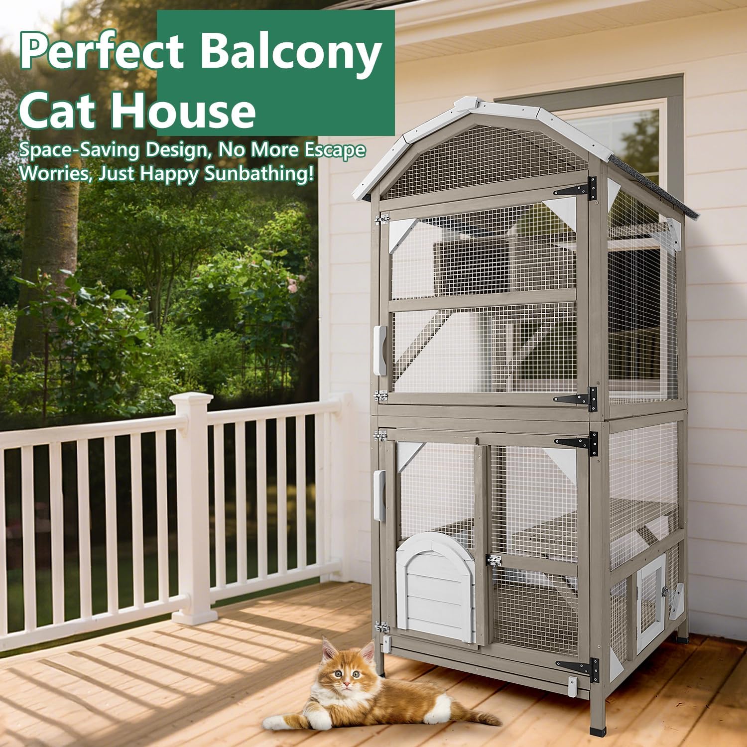 PetsCosset 71" Cat House Outdoor Catio Cat Enclosures, Indoor Kitty Cage Condo Attachable Window with 3 Platforms Waterproof Roof and Resting Box for Patio