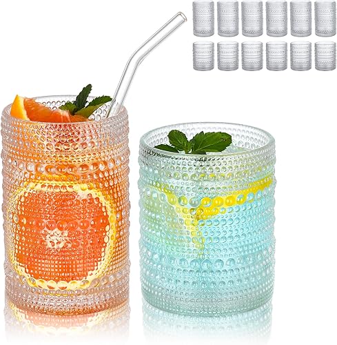 Miniatura 8 de Hobnail Juego de 6 Vasos para Beber de 15 oz, Juego de Cristalería Vintage Juego de Vasos de Cóctel, Vaso Gris en Relieve, para Cerveza, Whisky,