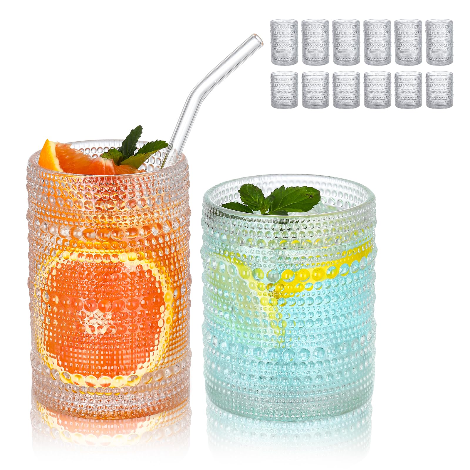 Rustic Radiance 12 OZ Hobnail Drinking Set Of 12 – Vintage Embossed Glassware, Textured Tumblers For Water, Beer, Cocktails, Mocktails, Whiskey & More – Includes Straws And Coasters – Green - View #6