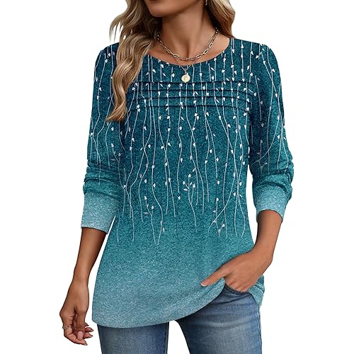 Zeagoo Long Sleeve Shirts for Women Casual Fall Fashion Crewneck Pleated Tunic Tops Work Outfit Blouse