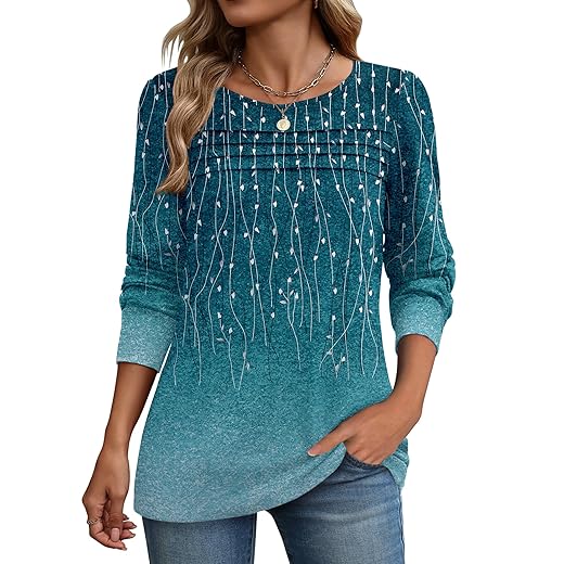 Zeagoo Long Sleeve Shirts for Women Casual Fall Fashion Crewneck Pleated Tunic Tops Work Outfit Blouse