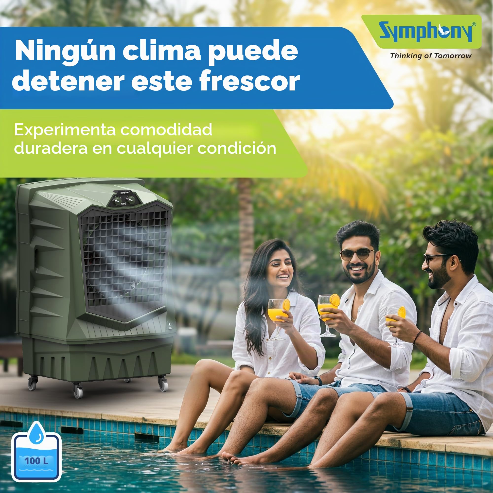Symphony Air Force 100 Desert Air Cooler | 100L | 375W | Potente ventilador de chorro | Cuerpo resistente a la intemperie | Almohadilla de refrigeración grande de panal | Fácil llenado | Ruedas