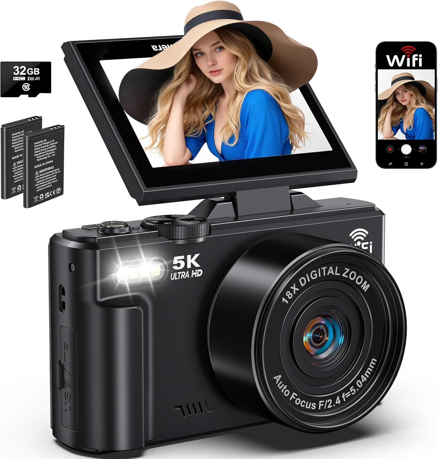 5K Digital Camera for Photography, 75MP WiFi Vlogging Camera for YouTube with 3" 180° Flip Screen, 18X Zoom UHD Autofocus Video Camara with 32GB SD Card, 2 Batteries