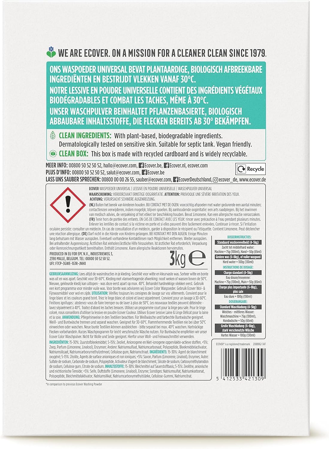 Ecover Detergente universal concentrado de lavanda (3 kg/40 lavados), detergente completo con ingredientes a base de plantas, detergente en polvo para ropa blanca natural profunda