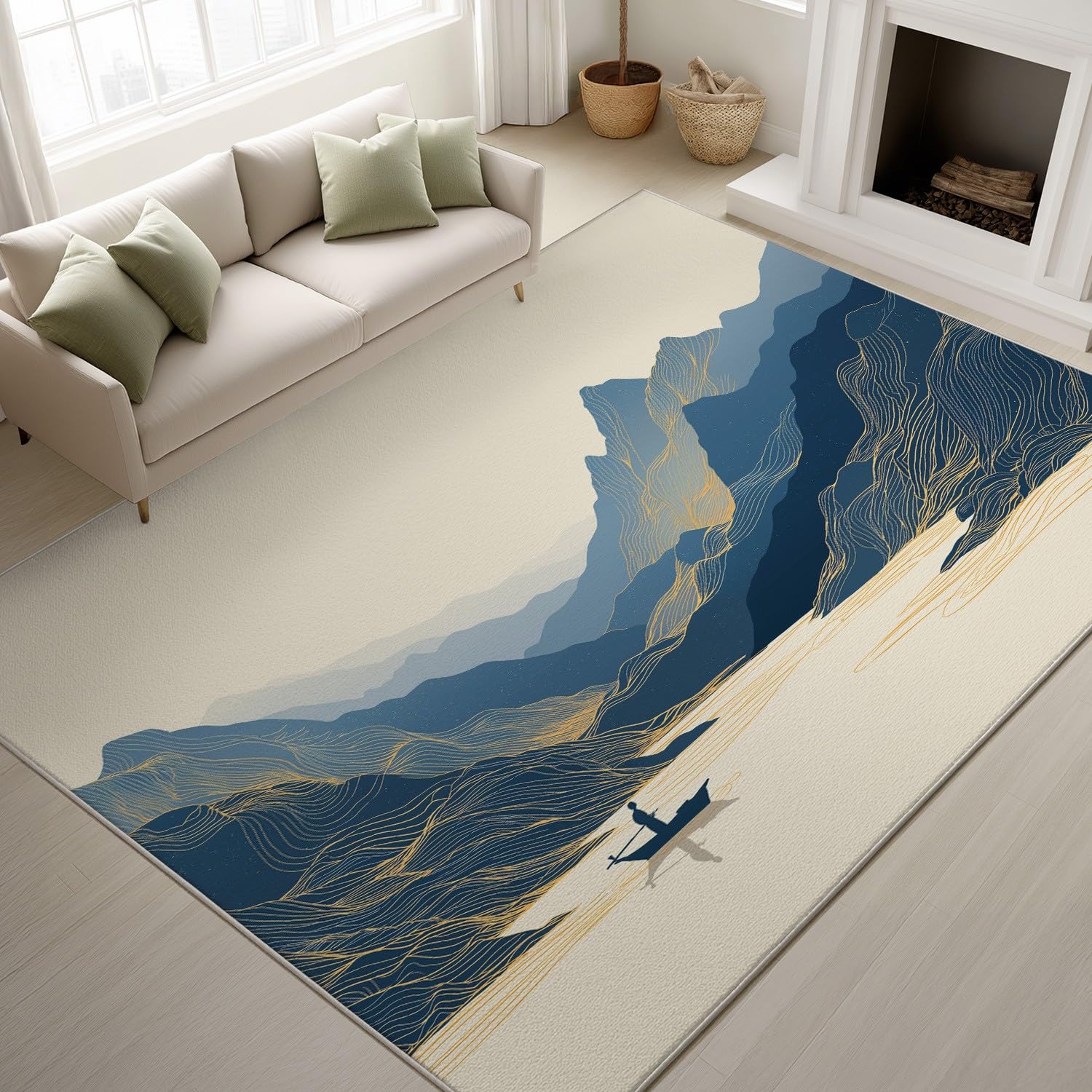 Generico 140 x 200 cm Dywan do salonu z krótkim włosiem, minimalistyczny elegancki spokojny dywan do sypialni, zmywalne dywaniki antypoślizgowe do salonu salonu, łatwy do czyszczenia, beżowy niebieski