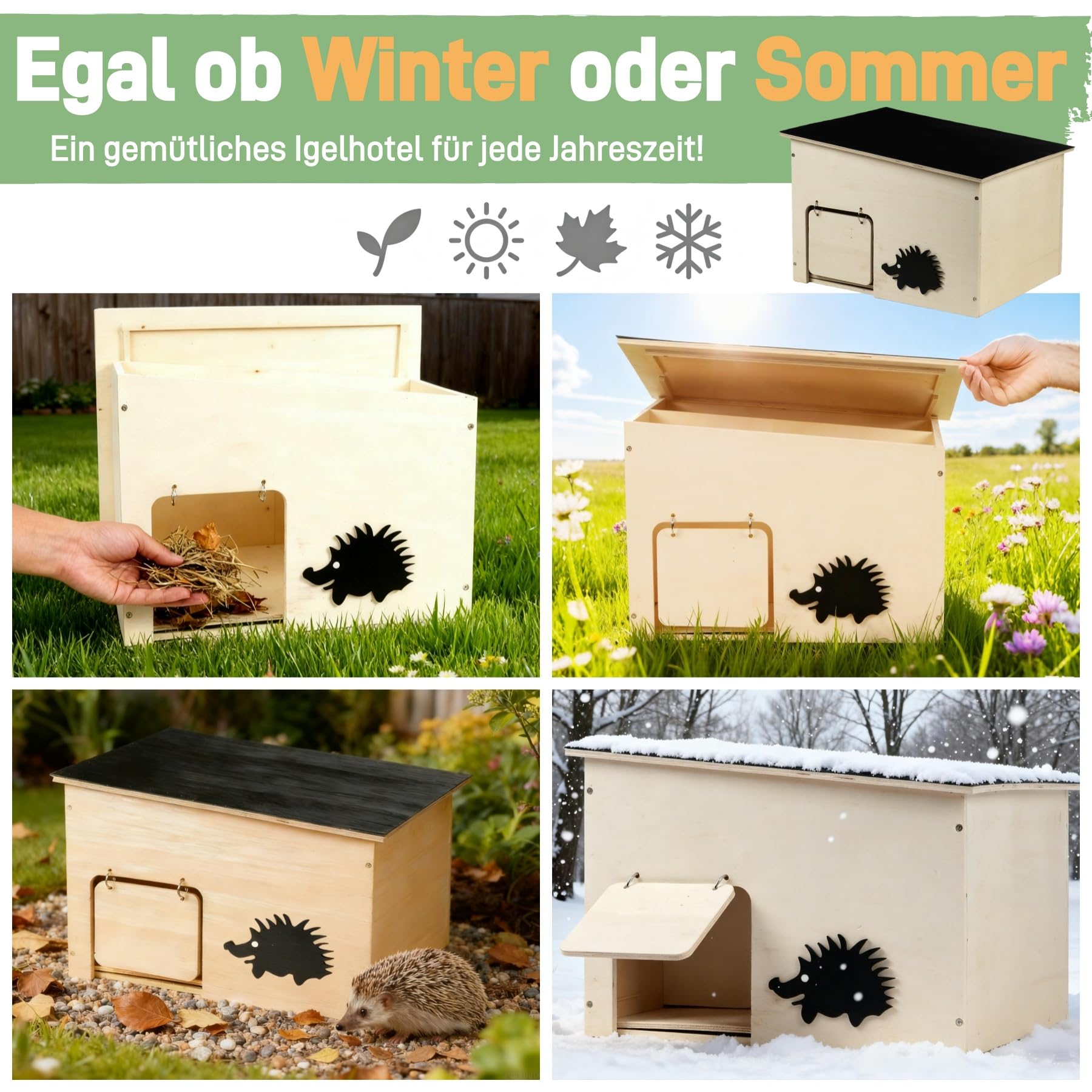 Igelhaus Holz Groß mit Rattenklappe, Boden und Labyrintheingang | Igelhotel für Kleintiere zum Winterschlafen, Nisten und Sommerunterschlupf, Winterfest und Robust, Bausatz Set