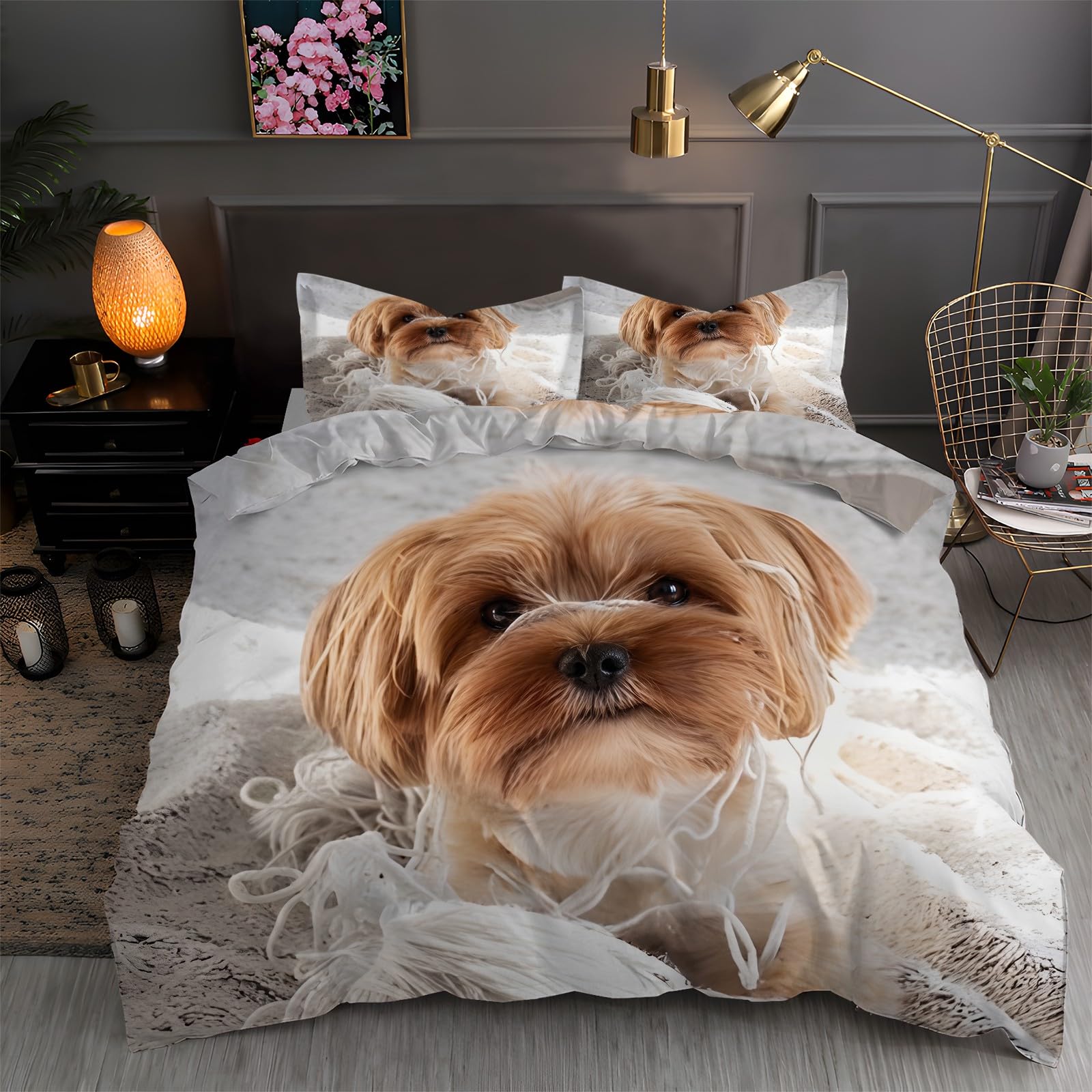 Beige Super King Duvet Cover Shih Tzu 3D Bedding Sets Brushed Microfibre