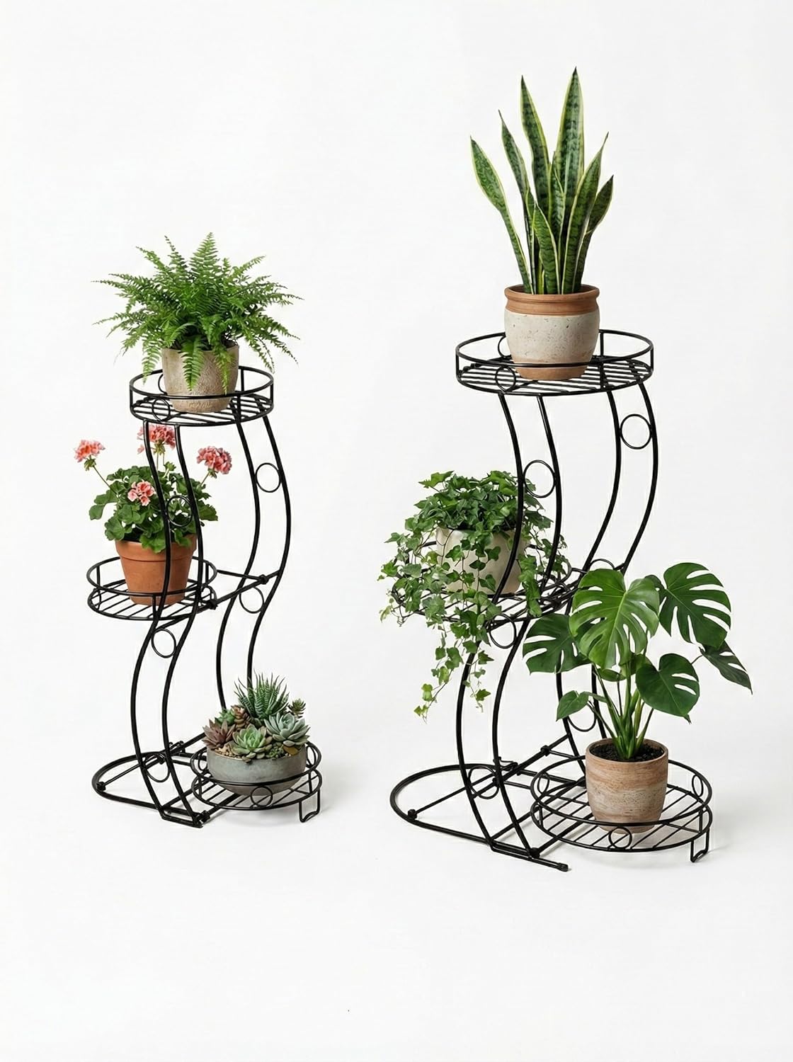 2-Pack Metal Plant Stand Set (Large & Small) - No Assembly Required - 3 Tier Corner Plant Shelf for Indoor Outdoor - 26" & 23.4" H Wrought Iron Flower Pot Holder Display Rack, Rustproof Black