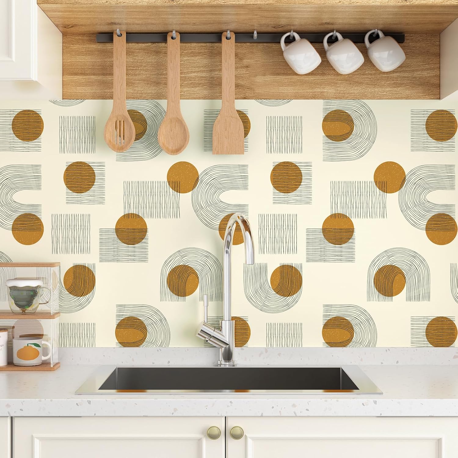 Boho Geometric Wallpaper Peel and Stick Modern 17.5''x102'' Bathroom Bedroom Removable Mid Century Abstract Art Deco Self Adhesive Beige Minimalist Arch Decorative Contact Paper for Cabinets
