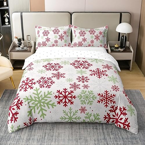 Juego de funda de edredón de Navidad 100% algodón, tamaño Queen, juego de ropa de cama con diseño de copos de nieve mágicos para adultos, niños,