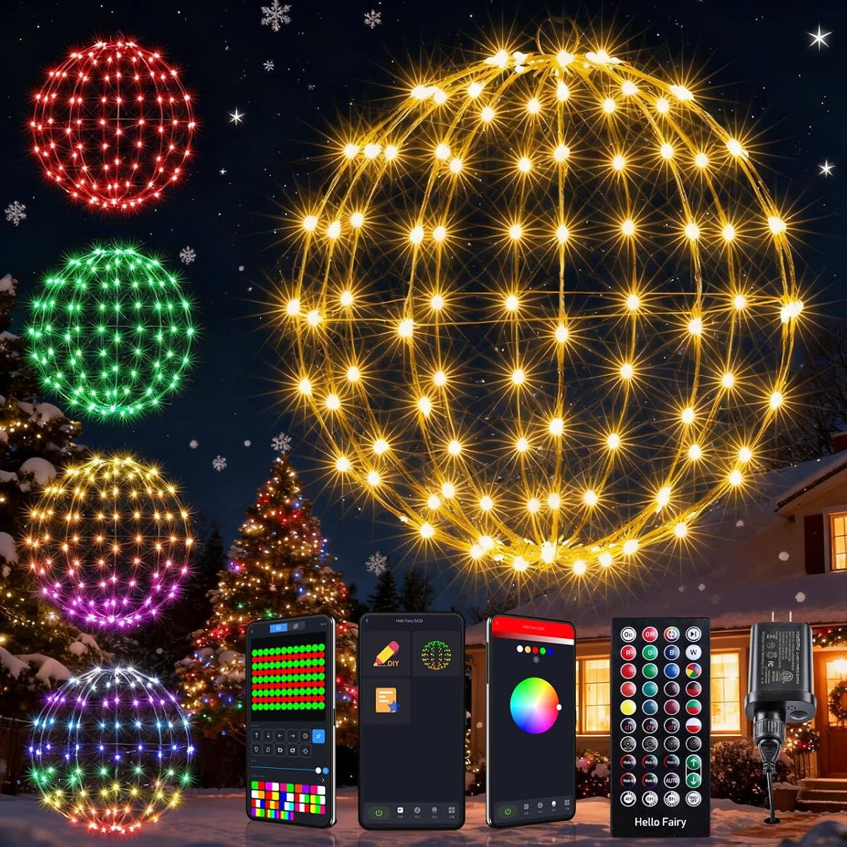 Joomer Smart RGB Christmas Hanging Ball Lights, 12in 108 LED Foldable Color