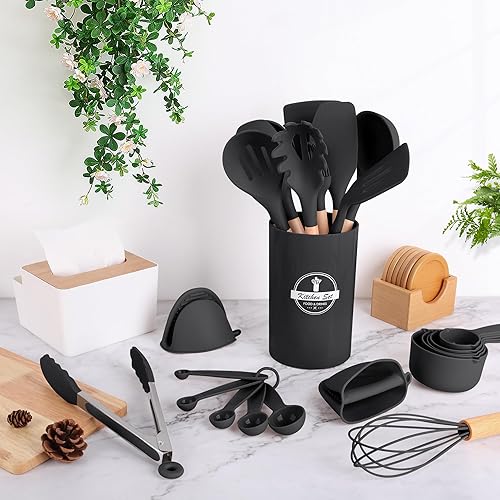 Miniatura 7 de 24 Pcs Kitchen Cooking Utensils Set,446F Heat Resistant Non-Stick Silicone Kitchen Utensil Set With Wooden Handles and Holder,Kitchen Gadgets for