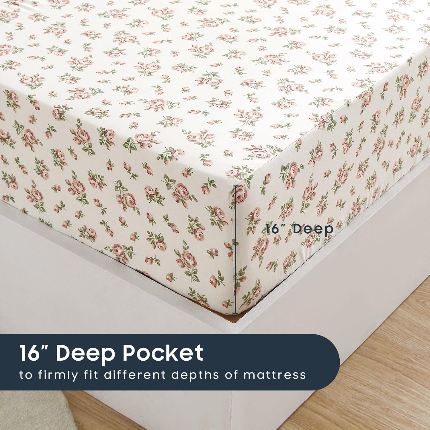 Wake In Cloud - Floral Bed Sheets, 4-Piece Sheet Set, Shabby Chic Flower Rose Pattern Printed Coquette Cottagecore Vintage Aesthetic Bedding, Deep Pocket, Light Beige, Queen Size